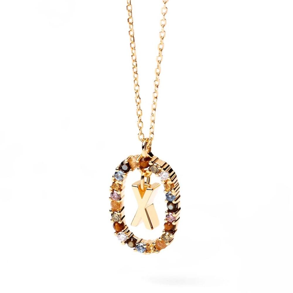 PDPAOLA Letter "X" Initial Pendant Necklace 18K GP Silver Multi-colored Gemstone